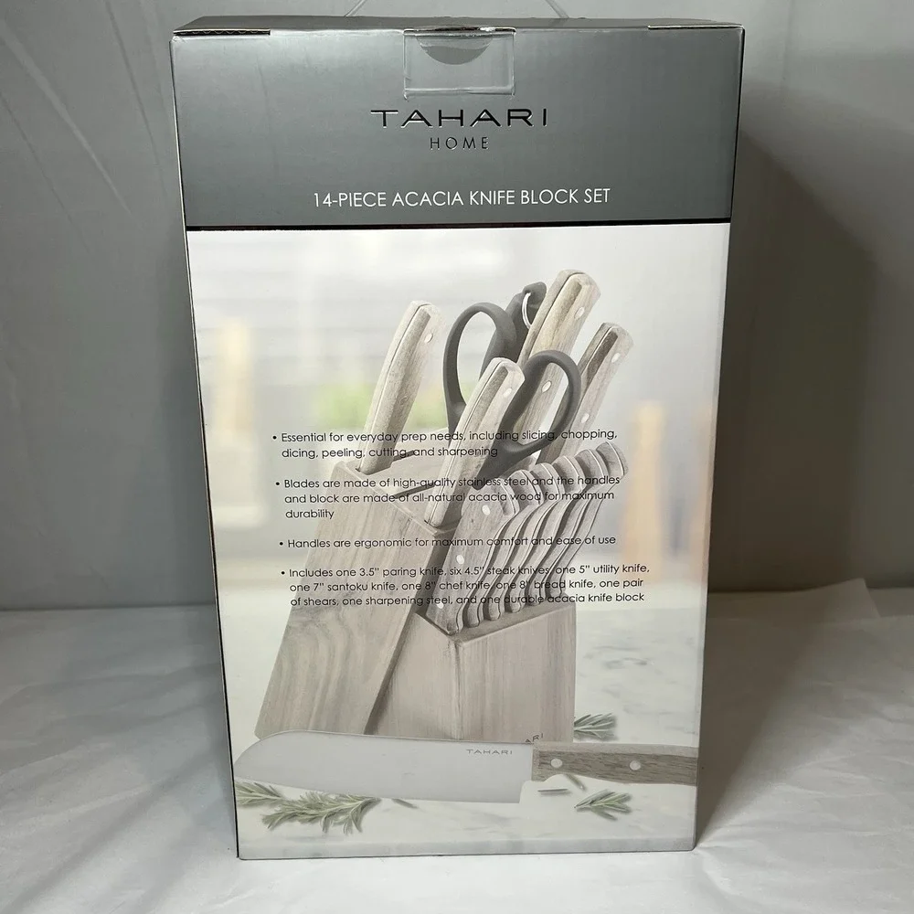 Tahari Home 14 Piece Acacia Wood Knife Block Set Brand New Boxed